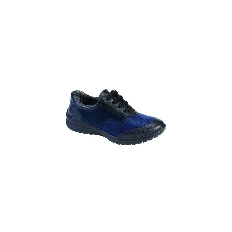 Sneaker cuir et microfibre noir bleu réglage par lacet et glissière
